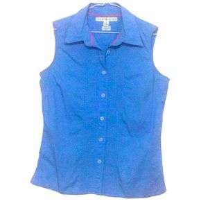 🌞 Tommy Hilfiger blue sleeveless button up, collar, stretch blouse size 8